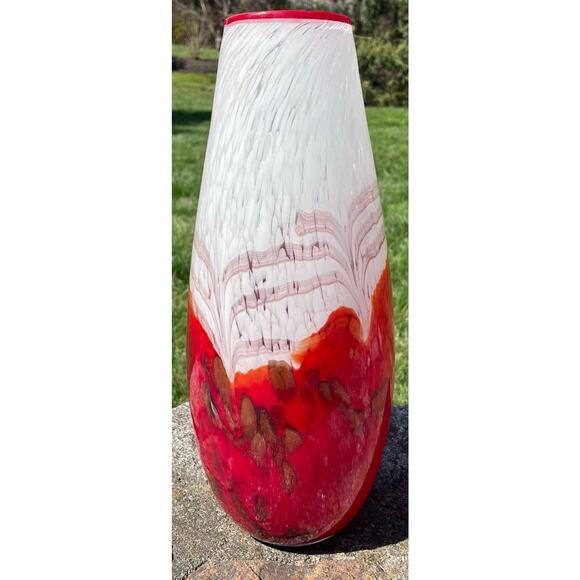 Beautiful Hand Blown Amphora Art Glass Vase red white and gold 5.25" W x 15" H - Picture 2 of 4